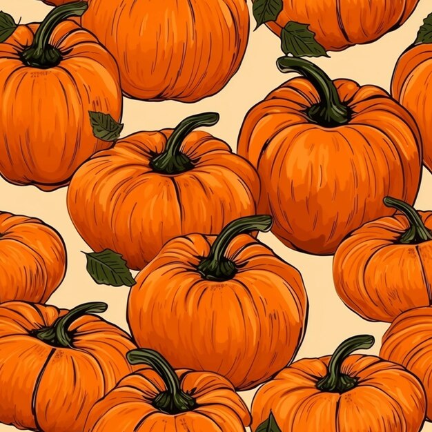 Un primer plano de un montón de calabazas naranjas con hojas verdes generativas ai