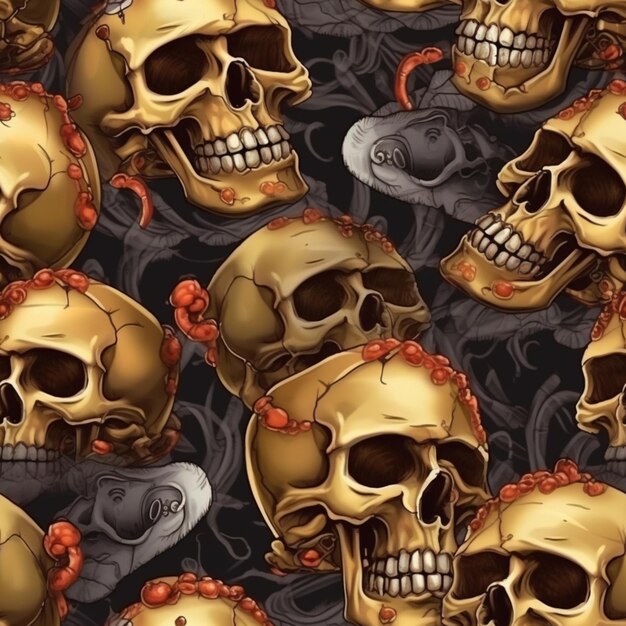 un primer plano de un montón de calaveras con flores rojas generativ ai