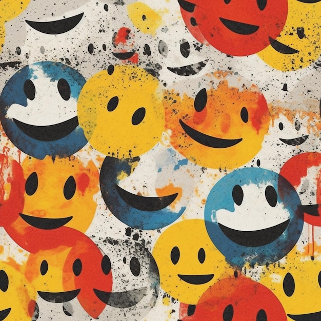 un primer plano de un montón de caras sonrientes pintadas en una pared ai generativa