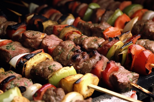 Un primer plano de un montón de comida en una parrilla IA generativa