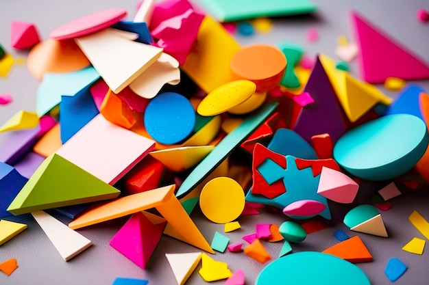 Un primer plano de un montón de confeti de colores con diferentes formas y tamaños