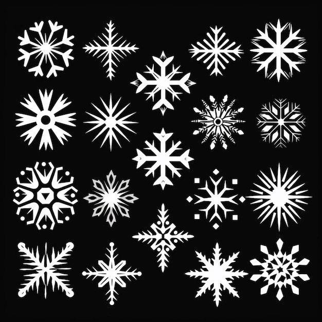 un primer plano de un montón de copos de nieve sobre un fondo negro ai generativo