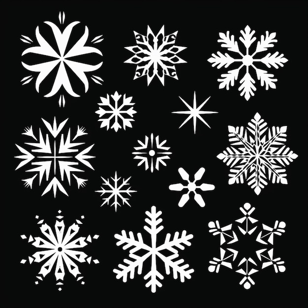un primer plano de un montón de copos de nieve sobre un fondo negro ai generativo
