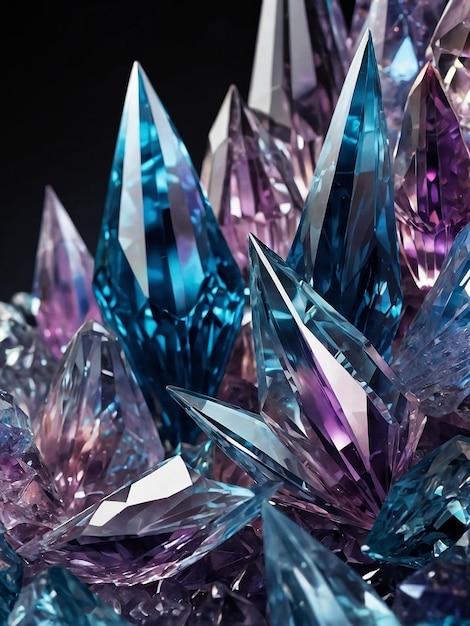 Un primer plano de un montón de cristales con luces azules y púrpuras