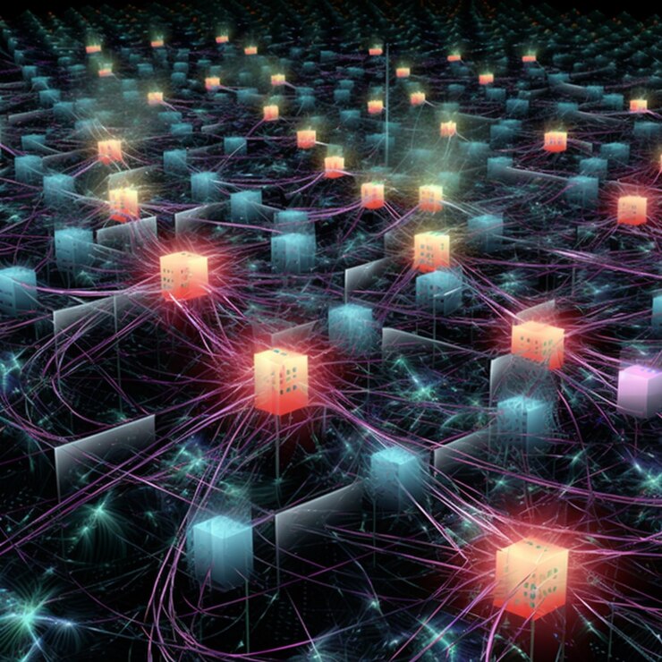Foto un primer plano de un montón de cubos con luces brillantes ai generativa