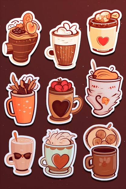 un primer plano de un montón de diferentes tazas de café con diferentes bebidas ai generativa
