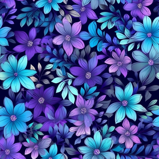 Foto un primer plano de un montón de flores púrpuras y azules generativas ai