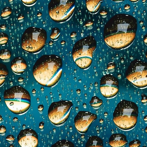 Un primer plano de un montón de gotas de agua sobre una superficie azul generativa ai