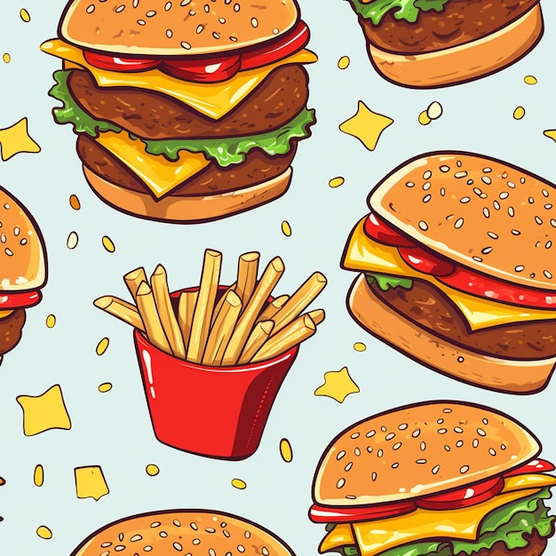 un primer plano de un montón de hamburguesas y papas fritas sobre un fondo azul ai generativo