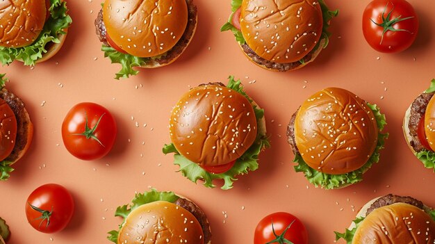 un primer plano de un montón de hamburguesas con tomates en una mesa generativa ai