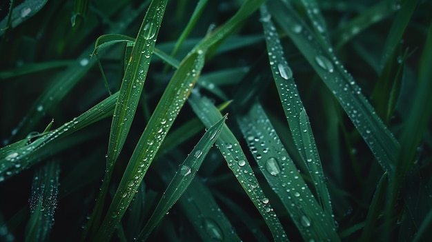 un primer plano de un montón de hierba verde con gotas de agua generativa ai