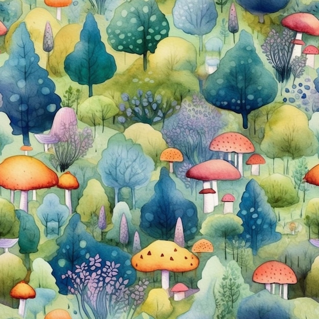 un primer plano de un montón de hongos coloridos en un bosque generativo ai