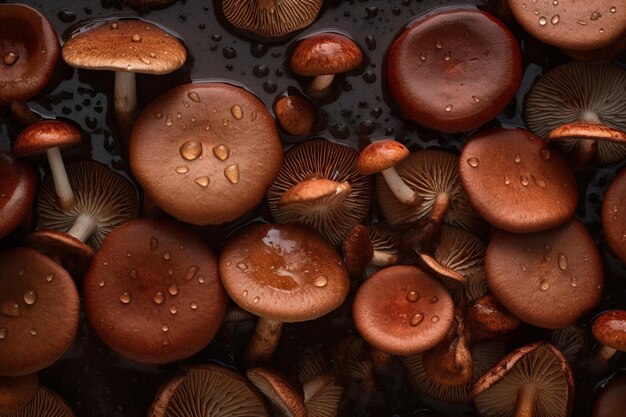 Un primer plano de un montón de hongos con gotas de lluvia sobre ellos