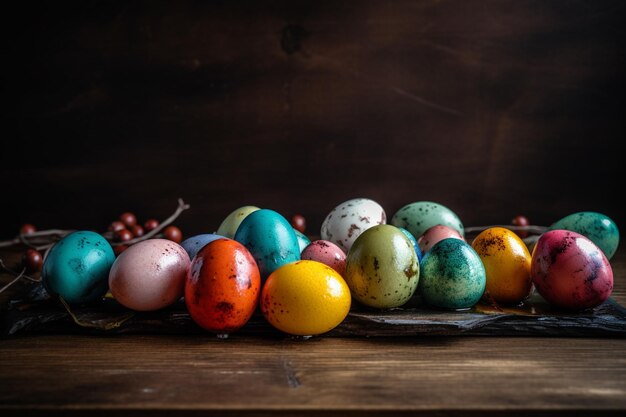 Un primer plano de un montón de huevos de colores en una mesa generativa ai