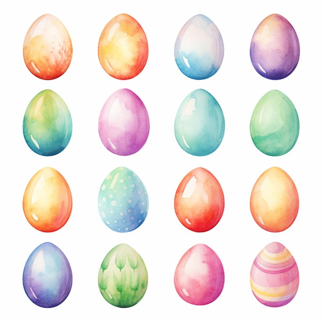 un primer plano de un montón de huevos de diferentes colores en una superficie blanca generativa ai