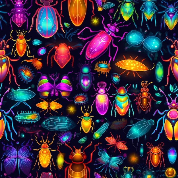 Un primer plano de un montón de insectos de diferentes colores en un fondo negro generativo ai