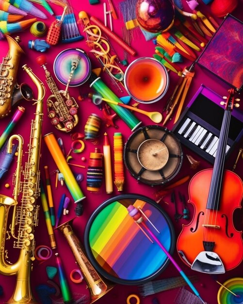 Foto un primer plano de un montón de instrumentos musicales sobre una mesa ai generativa