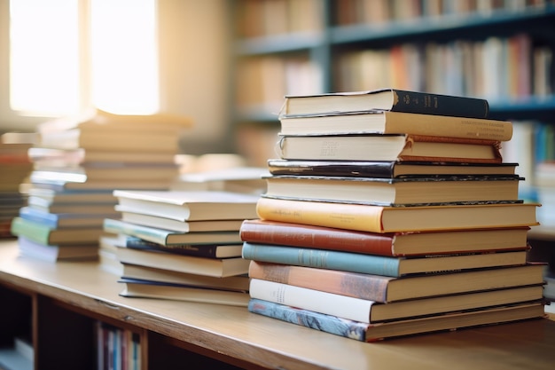 Primer plano de un montón de libros antiguos sobre la mesa en la biblioteca IA generativa