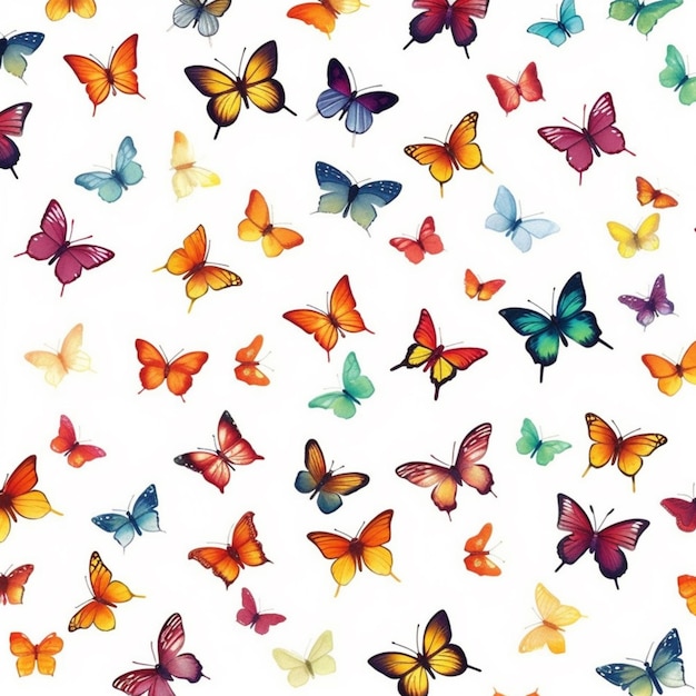 Un primer plano de un montón de mariposas de colores sobre un fondo blanco ai generativo