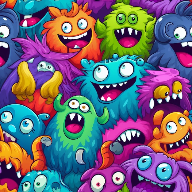 Un primer plano de un montón de monstruos coloridos con grandes ojos generativos ai