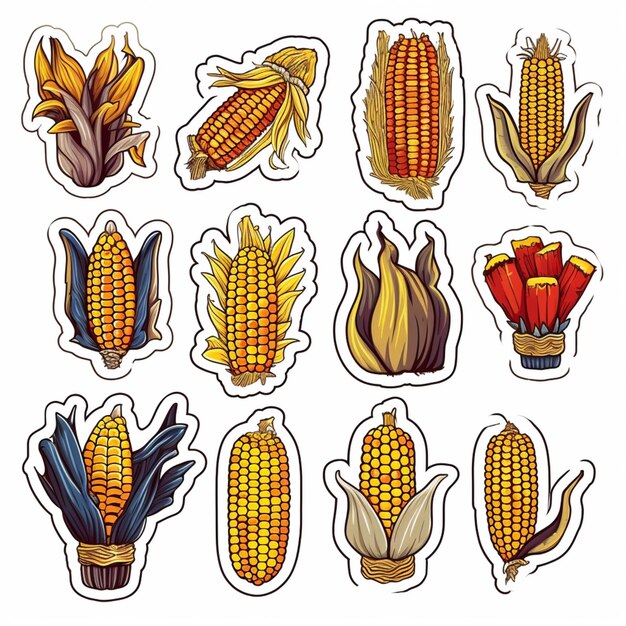 Foto un primer plano de un montón de pegatinas de maíz con diferentes diseños generativos ai