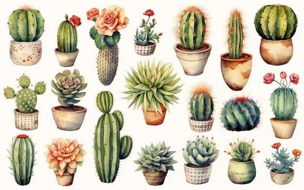 un primer plano de un montón de plantas de cactus en macetas ai generativo
