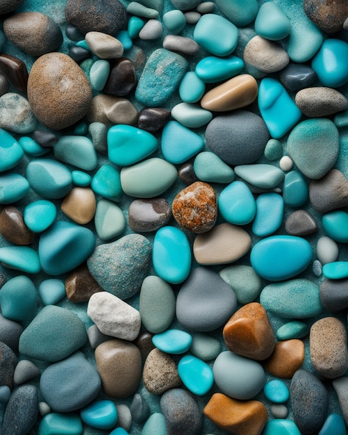 un primer plano de un montón de rocas rocas pared azul turquesa rocas lisas muchas pequeñas y coloridas