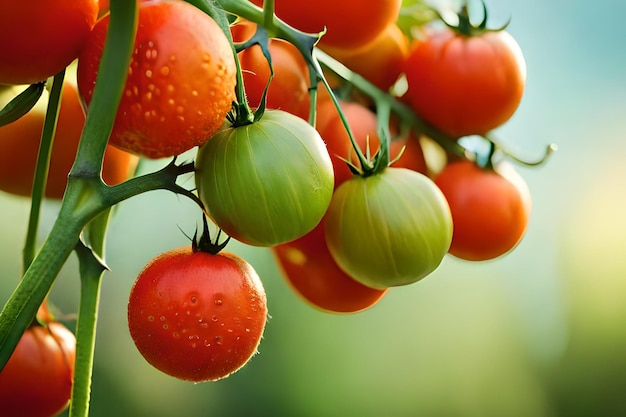 Un primer plano de un montón de tomates con las hojas verdes sobre ellos.