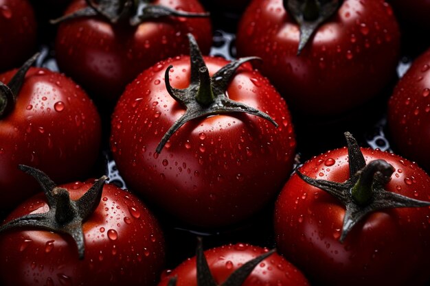 un primer plano de un montón de tomates rojos con gotas de agua generativa ai