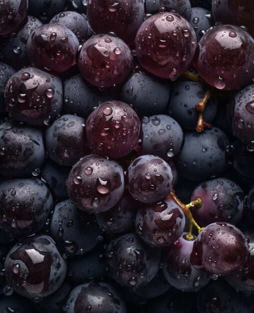 un primer plano de un montón de uvas púrpuras con gotas de agua en ellas