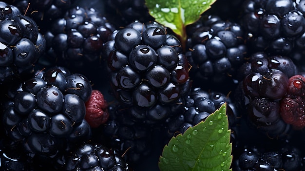 Un primer plano de moras brillantes con gotas de líquido