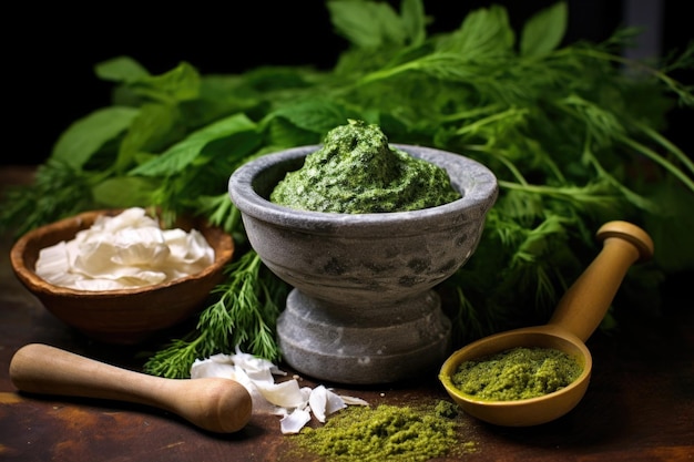 Primer plano del mortero y el pestillo con ingredientes de pesto