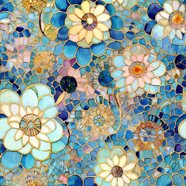 un primer plano de un mosaico con flores en él ai generativo