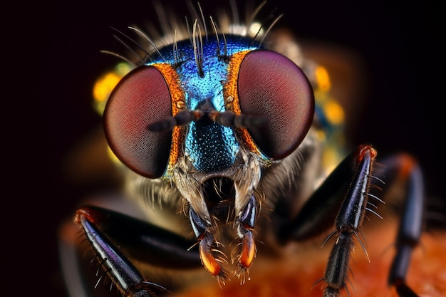 un primer plano de una mosca con una cara azul y una nariz roja