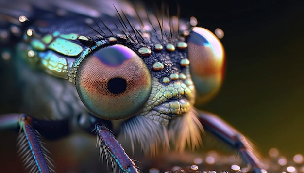 Un primer plano de una mosca con una cara azul