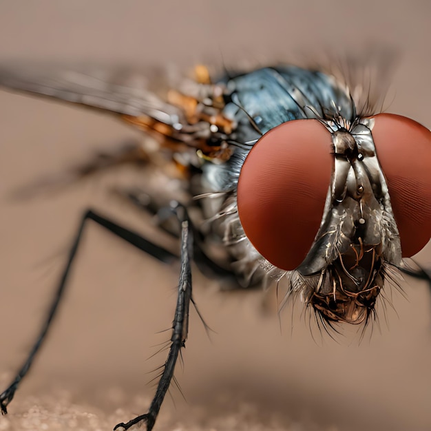 un primer plano de una mosca con un cuerpo azul y ojos marrones