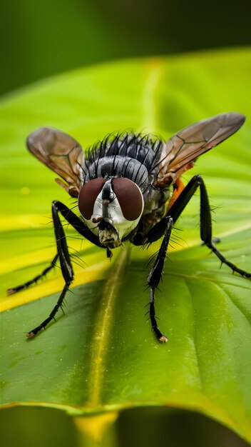 Foto primer plano de una mosca doméstica adulta de la especie musca domestica