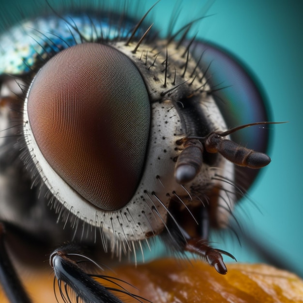 Un primer plano de una mosca con un fondo azul.