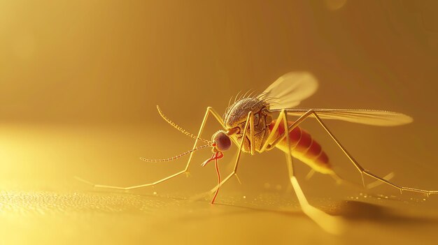 Foto un primer plano de un mosquito. el mosquito está sentado en una superficie amarilla. el mosquito está mirando a la cámara.