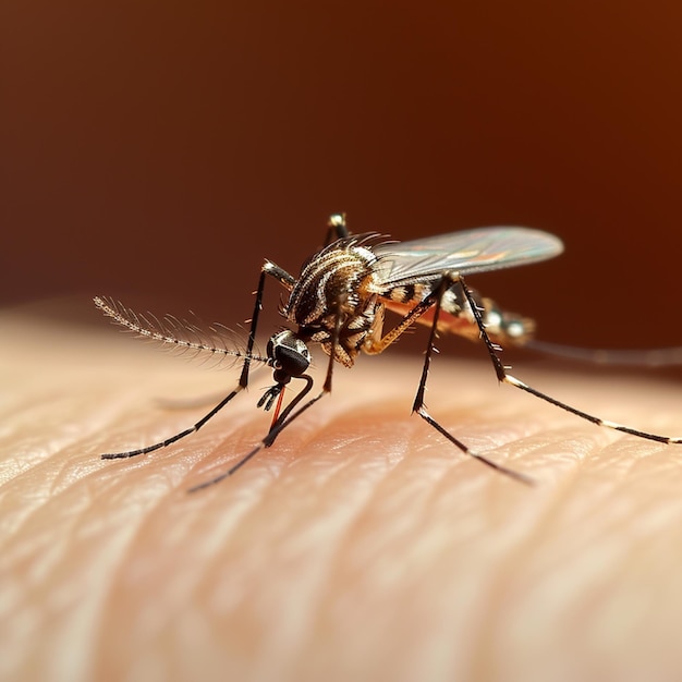 Un primer plano de un mosquito en la piel humana que destaca una molestia para las redes sociales