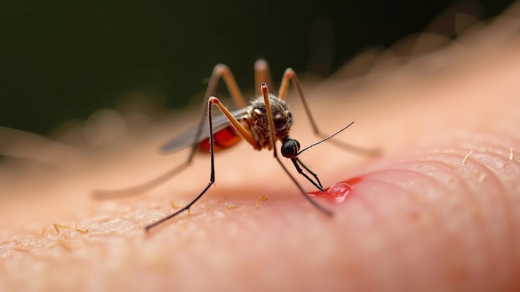 Foto primer plano de un mosquito que se alimenta de la piel humana con una gota de sangre