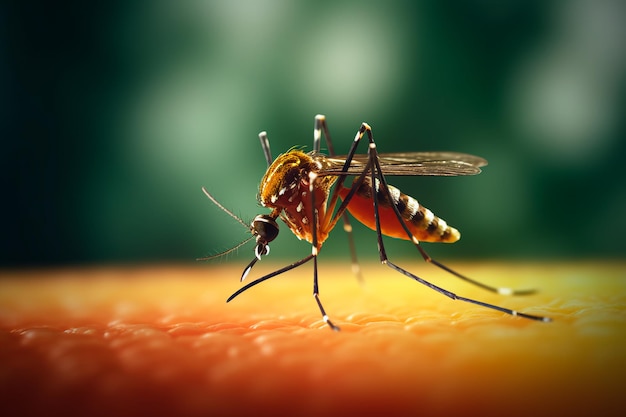 Foto primer plano de un mosquito que chupa sangre humana que destaca el riesgo de enfermedades transmitidas por vectores