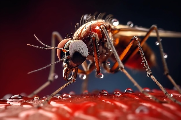 Primer plano de un mosquito que muerde la piel humana generativa ai
