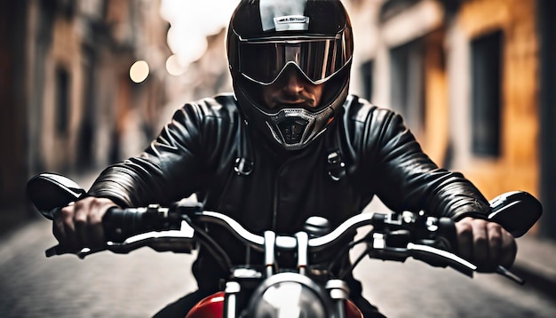 primer plano de un motociclista en una motocicleta montando una motocicleta con casco