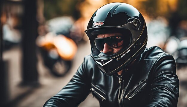 Foto primer plano de un motociclista en una motocicleta montando una motocicleta con casco