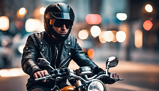 primer plano de un motociclista en una motocicleta montando una motocicleta con casco