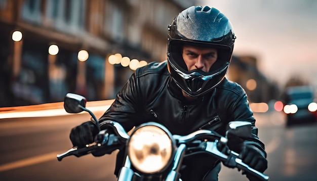 Foto primer plano de un motociclista en una motocicleta montando una motocicleta con casco