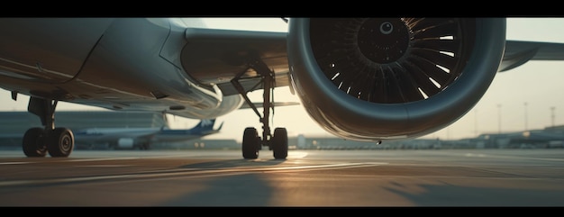 Un primer plano del motor de un avión en la pista