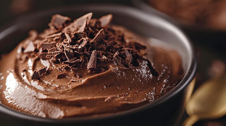 Primer plano de mousse de chocolate con virutas de chocolate en un cuenco negro
