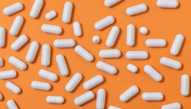 Un primer plano de muchas cápsulas de vitaminas sobre un fondo naranja